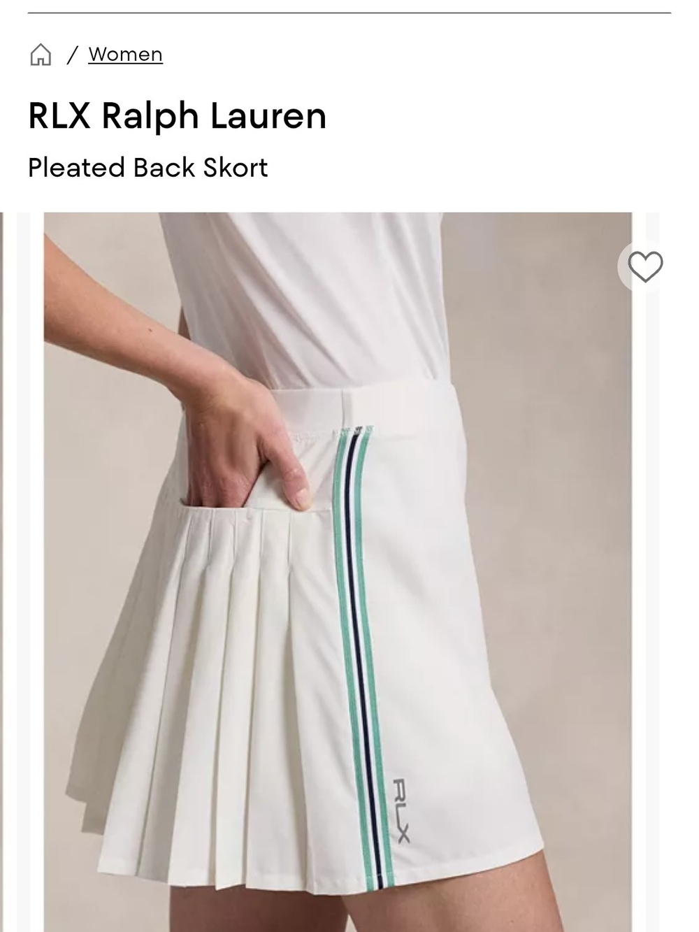 RLX Ralph Lauren White Pleated Back Skort with Green Stripe
